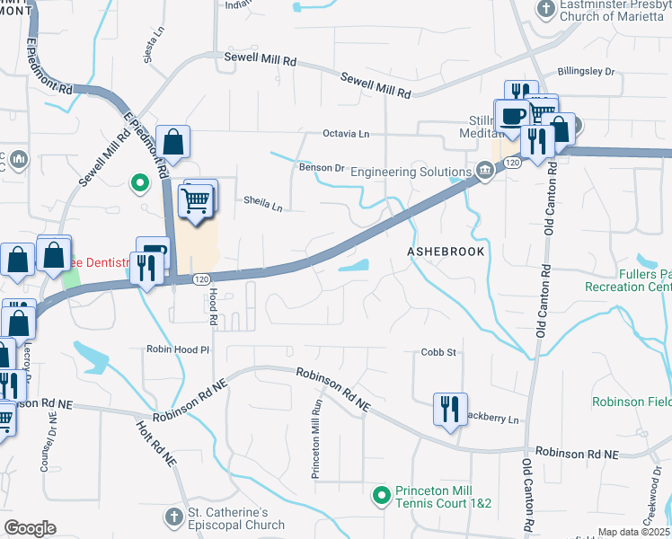 map of restaurants, bars, coffee shops, grocery stores, and more near 2753 Bridgegate Trce Northeast in Marietta
