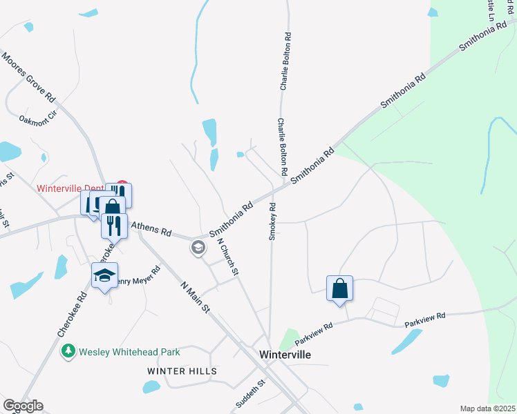 map of restaurants, bars, coffee shops, grocery stores, and more near 170 Smithonia Road in Winterville