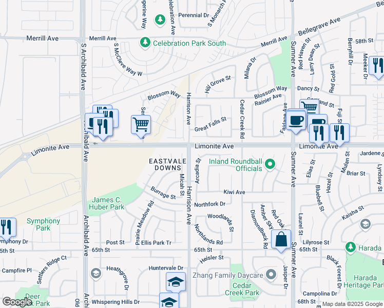 map of restaurants, bars, coffee shops, grocery stores, and more near 13785 Mirada Court in Corona