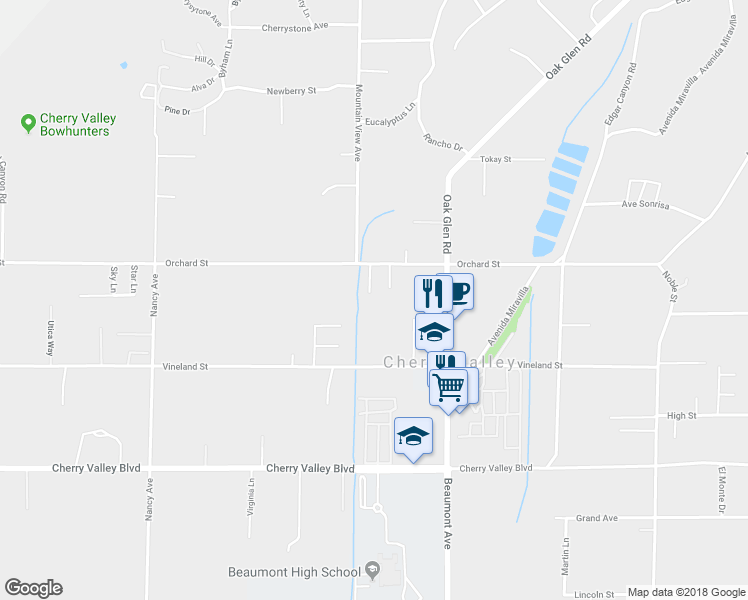 map of restaurants, bars, coffee shops, grocery stores, and more near 39045 Orchard Street in Cherry Valley