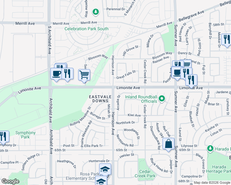 map of restaurants, bars, coffee shops, grocery stores, and more near 13785 Mirada Court in Corona