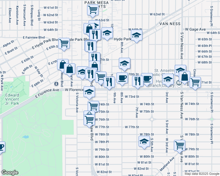 map of restaurants, bars, coffee shops, grocery stores, and more near 3201 West Florence Avenue in Los Angeles