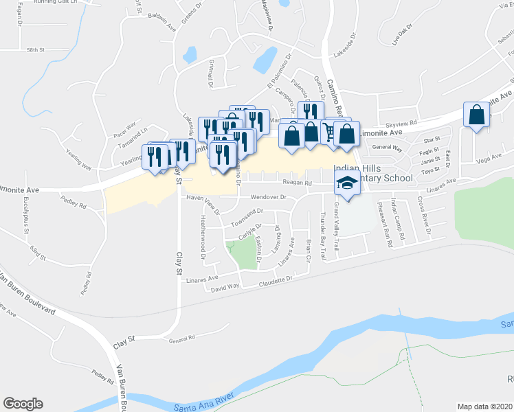map of restaurants, bars, coffee shops, grocery stores, and more near 7963 Townsend Drive in Riverside