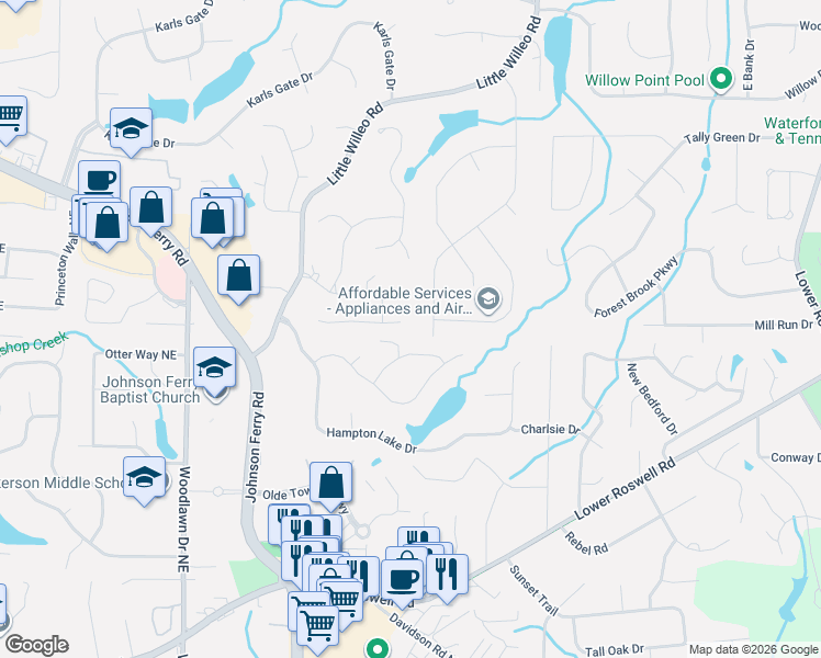 map of restaurants, bars, coffee shops, grocery stores, and more near 1133 Colony Drive in Marietta