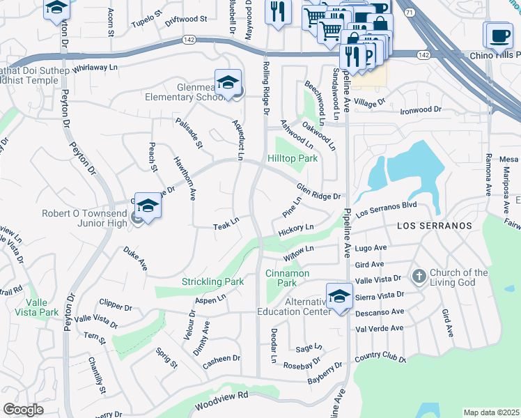 map of restaurants, bars, coffee shops, grocery stores, and more near 15335 Rolling Ridge Drive in Chino Hills
