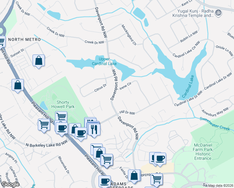 map of restaurants, bars, coffee shops, grocery stores, and more near 2779 Irene Circle in Duluth