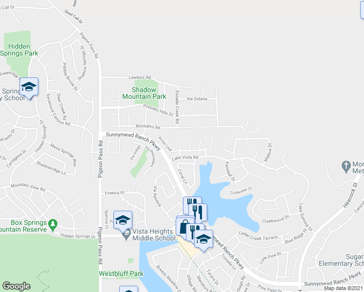 map of restaurants, bars, coffee shops, grocery stores, and more near 10074 Sand Crest in Moreno Valley
