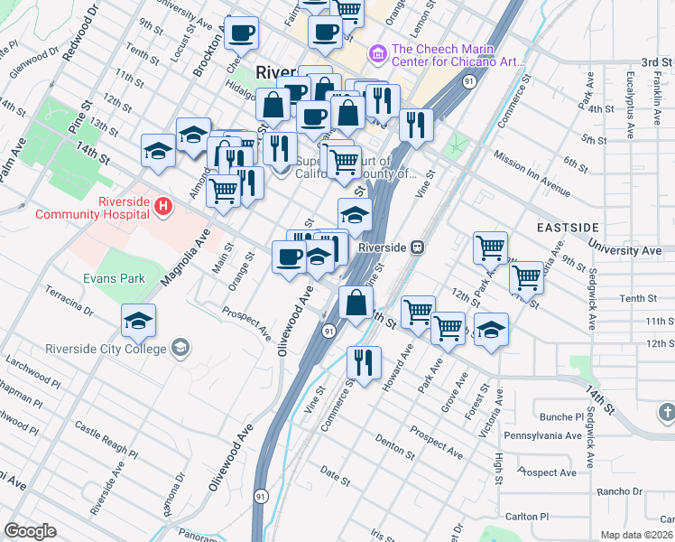 map of restaurants, bars, coffee shops, grocery stores, and more near 4341 Mulberry Street in Riverside