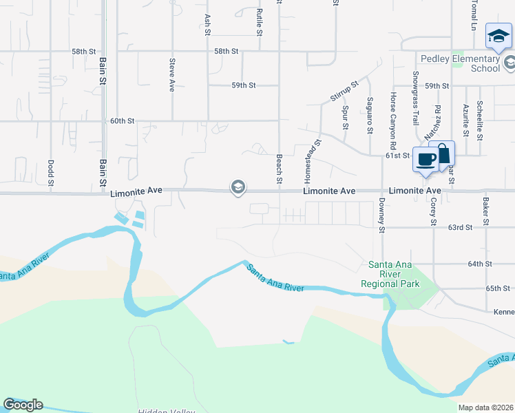 map of restaurants, bars, coffee shops, grocery stores, and more near 9804 Crossbay Loop in Jurupa Valley