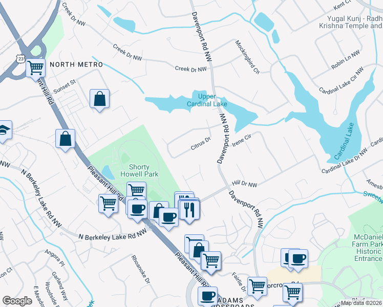 map of restaurants, bars, coffee shops, grocery stores, and more near 3561 Citrus Drive Northwest in Duluth