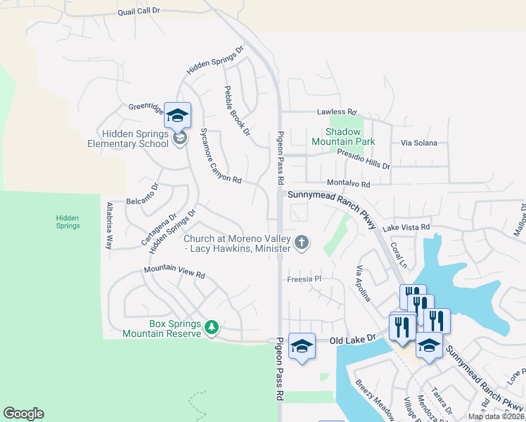 map of restaurants, bars, coffee shops, grocery stores, and more near 10045 Sycamore Canyon Road in Moreno Valley