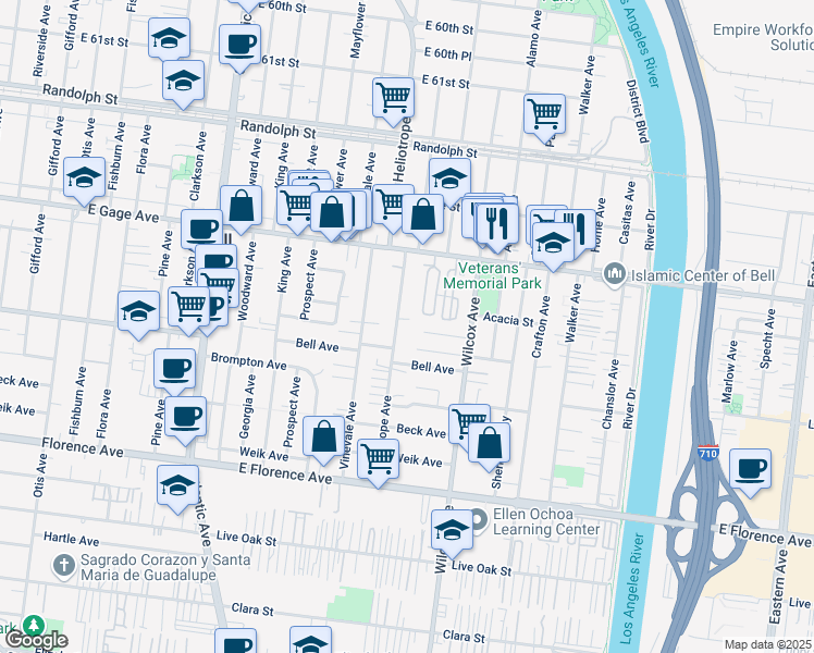 map of restaurants, bars, coffee shops, grocery stores, and more near 6620 Heliotrope Avenue in Bell