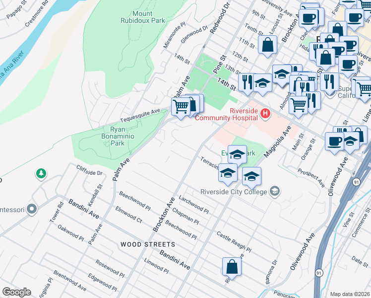 map of restaurants, bars, coffee shops, grocery stores, and more near 4190 Alta Vista Drive in Riverside