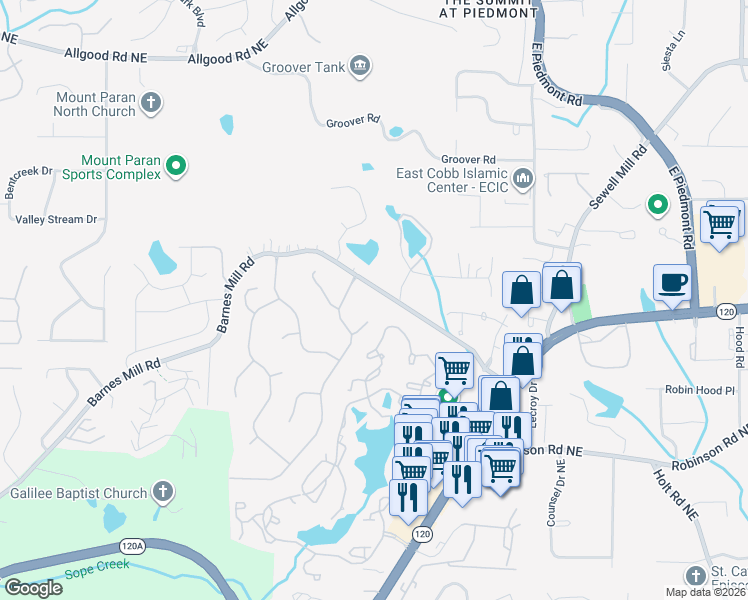map of restaurants, bars, coffee shops, grocery stores, and more near 2040 Barnes Mill Road in Marietta