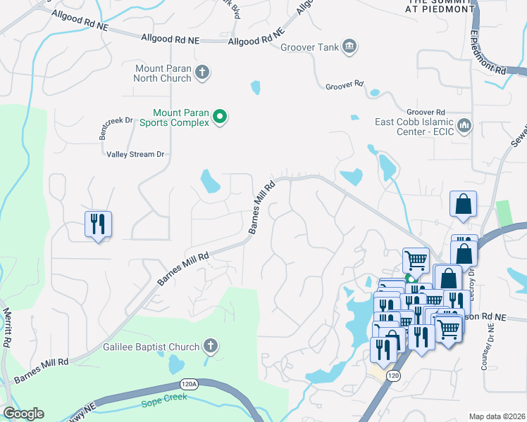 map of restaurants, bars, coffee shops, grocery stores, and more near 981 Brickleberry Lane in Marietta