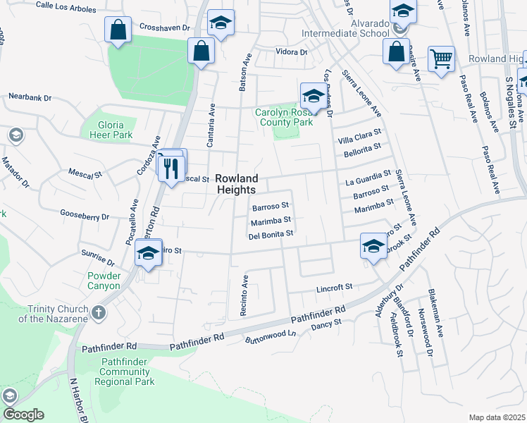 map of restaurants, bars, coffee shops, grocery stores, and more near 18469 Barroso Street in Rowland Heights