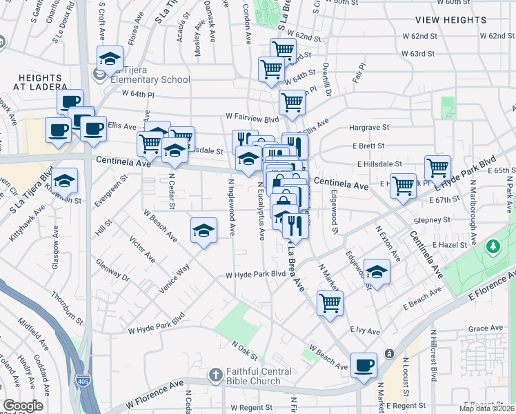 map of restaurants, bars, coffee shops, grocery stores, and more near 903 North Eucalyptus Avenue in Inglewood