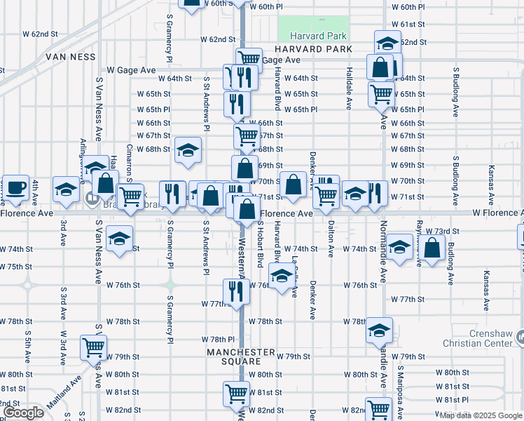 map of restaurants, bars, coffee shops, grocery stores, and more near 1734 West 71st Street in Los Angeles