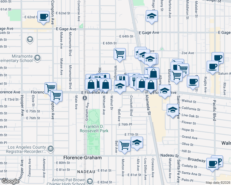 map of restaurants, bars, coffee shops, grocery stores, and more near 1901 East Florence Avenue in Los Angeles