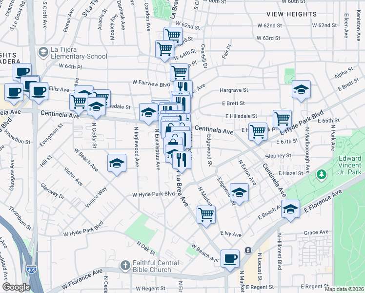 map of restaurants, bars, coffee shops, grocery stores, and more near 904 North La Brea Avenue in Inglewood