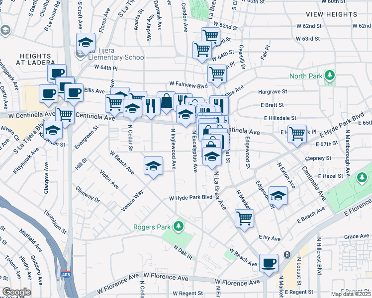 map of restaurants, bars, coffee shops, grocery stores, and more near 215 West Plymouth Street in Inglewood