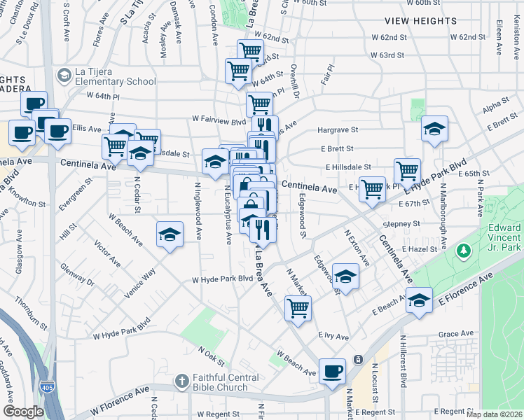 map of restaurants, bars, coffee shops, grocery stores, and more near 125 East Plymouth Street in Inglewood