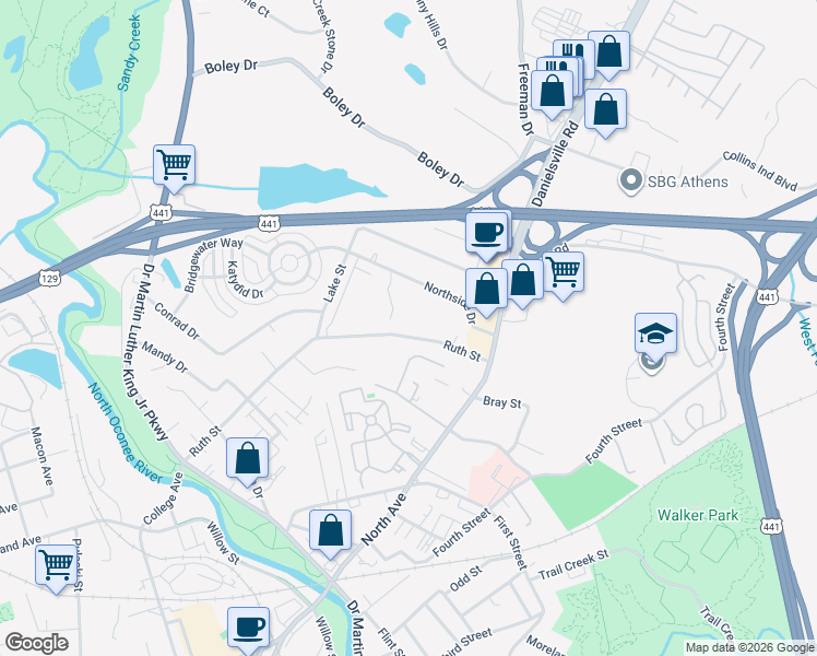 map of restaurants, bars, coffee shops, grocery stores, and more near 485 Ruth Street in Athens