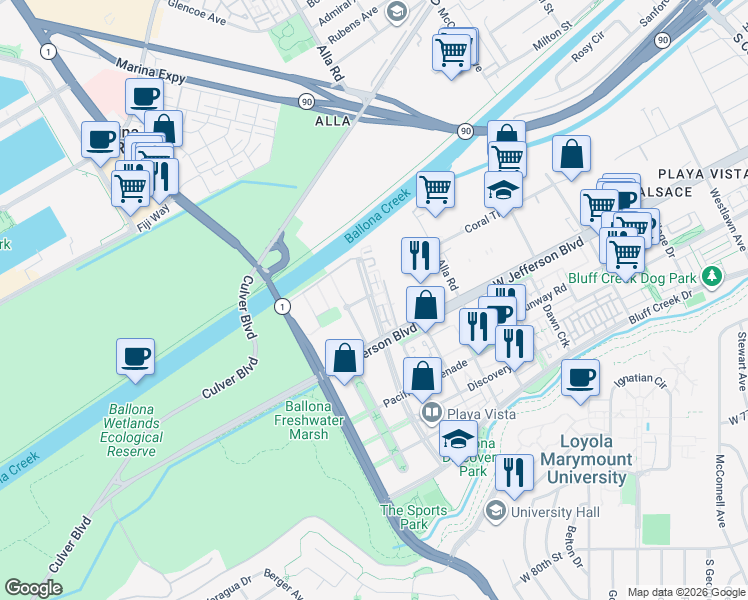 map of restaurants, bars, coffee shops, grocery stores, and more near 2 Playa Vista Drive in Los Angeles