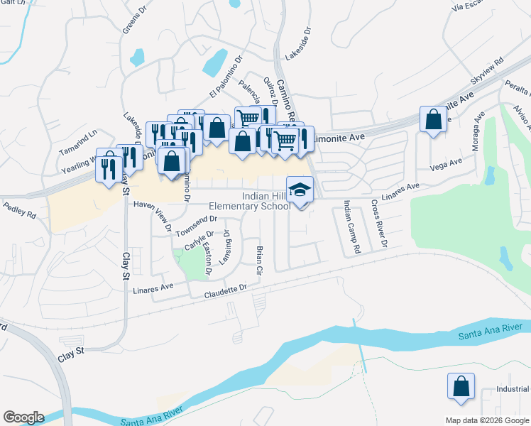 map of restaurants, bars, coffee shops, grocery stores, and more near 6226 Brian Circle in Riverside