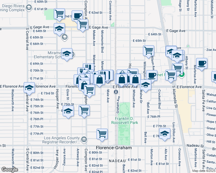 map of restaurants, bars, coffee shops, grocery stores, and more near 1611 E Florence Ave in Los Angeles