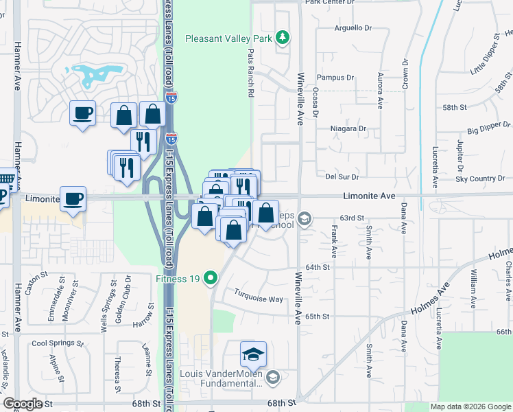 map of restaurants, bars, coffee shops, grocery stores, and more near 6221 Ruby Crest Way in Jurupa Valley