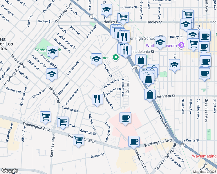 map of restaurants, bars, coffee shops, grocery stores, and more near 7350 Autumn Avenue in Whittier