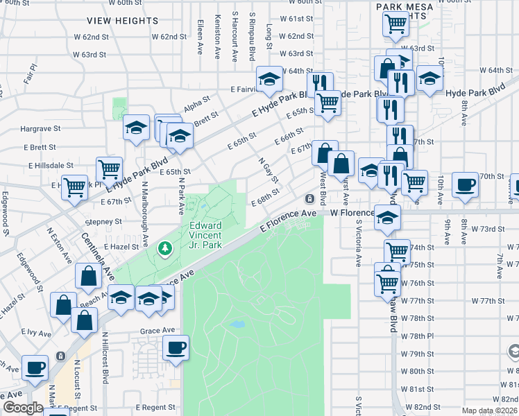 map of restaurants, bars, coffee shops, grocery stores, and more near 916 East 68th Street in Inglewood