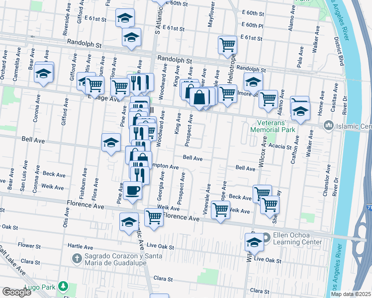 map of restaurants, bars, coffee shops, grocery stores, and more near 4667 Bell Place in Bell