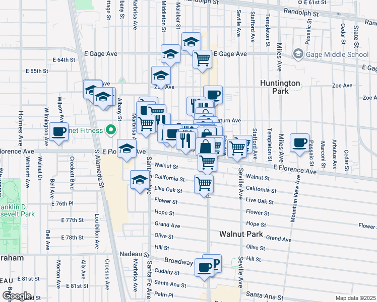 map of restaurants, bars, coffee shops, grocery stores, and more near 7116 Malabar Street in Huntington Park