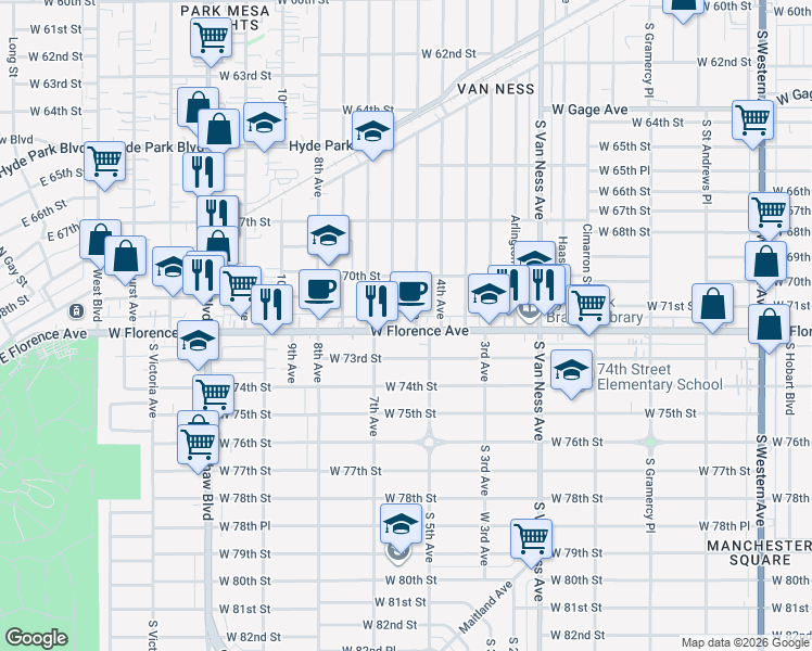 map of restaurants, bars, coffee shops, grocery stores, and more near 7045 5th Avenue in Los Angeles