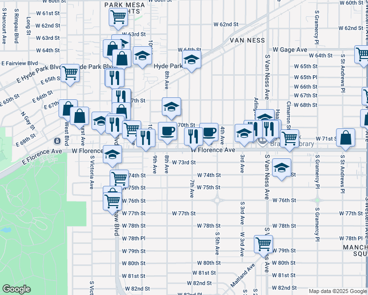 map of restaurants, bars, coffee shops, grocery stores, and more near 2911 West Florence Avenue in Los Angeles