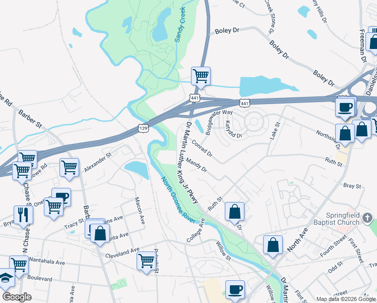 map of restaurants, bars, coffee shops, grocery stores, and more near 1110 Doctor Martin Luther King Junior Parkway in Athens