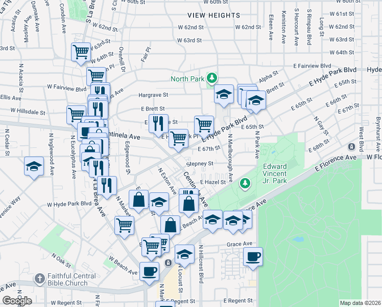 map of restaurants, bars, coffee shops, grocery stores, and more near 524 East Hyde Park Boulevard in Inglewood