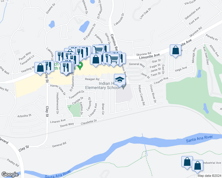 map of restaurants, bars, coffee shops, grocery stores, and more near 6246 Thunder Bay Trail in Riverside