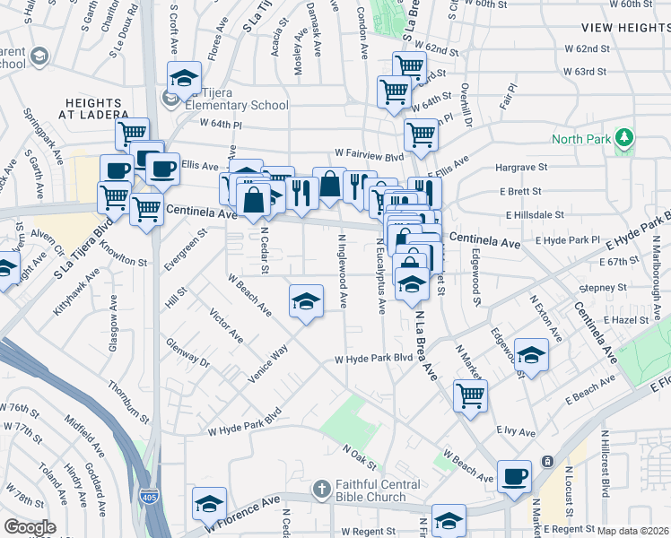 map of restaurants, bars, coffee shops, grocery stores, and more near 907 North Inglewood Avenue in Inglewood