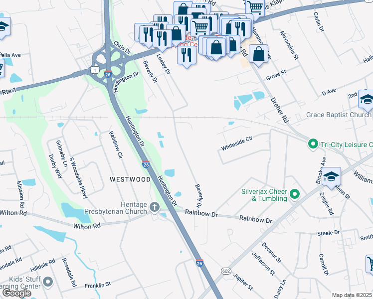 map of restaurants, bars, coffee shops, grocery stores, and more near 451 Beverly Drive in West Columbia