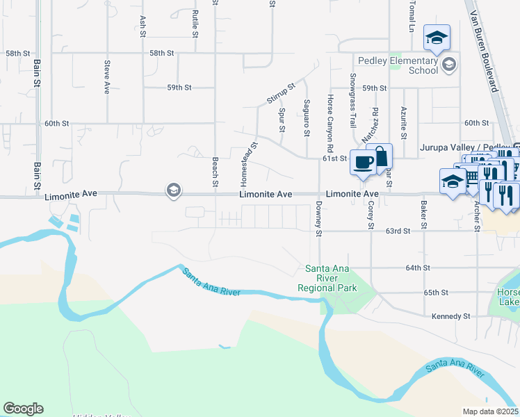 map of restaurants, bars, coffee shops, grocery stores, and more near 6258 Dongola Street in Jurupa Valley