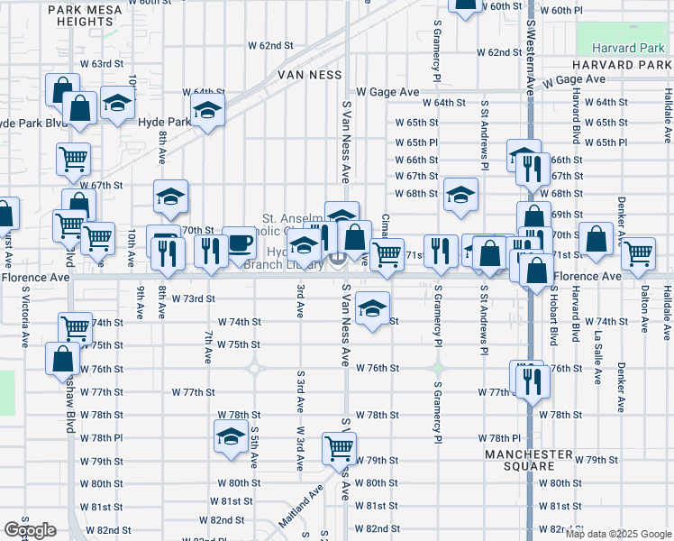 map of restaurants, bars, coffee shops, grocery stores, and more near 2205 West Florence Avenue in Los Angeles