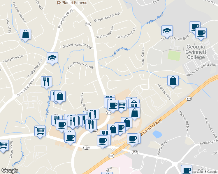 map of restaurants, bars, coffee shops, grocery stores, and more near 995 Twin Brook Court Northwest in Lawrenceville