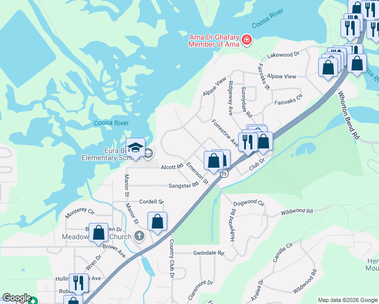 map of restaurants, bars, coffee shops, grocery stores, and more near 1111 Alcott Road in Gadsden