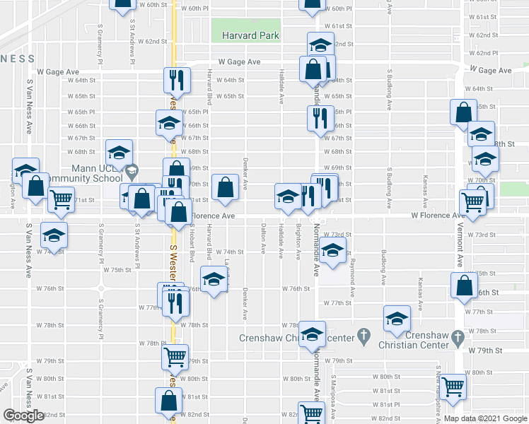 map of restaurants, bars, coffee shops, grocery stores, and more near 1529 West Florence Avenue in Los Angeles