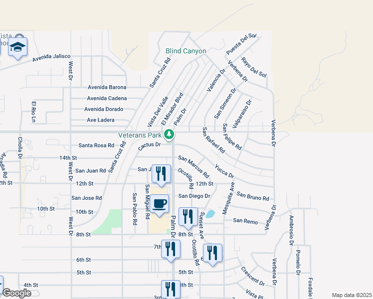 map of restaurants, bars, coffee shops, grocery stores, and more near 66541 Yucca Drive in Desert Hot Springs