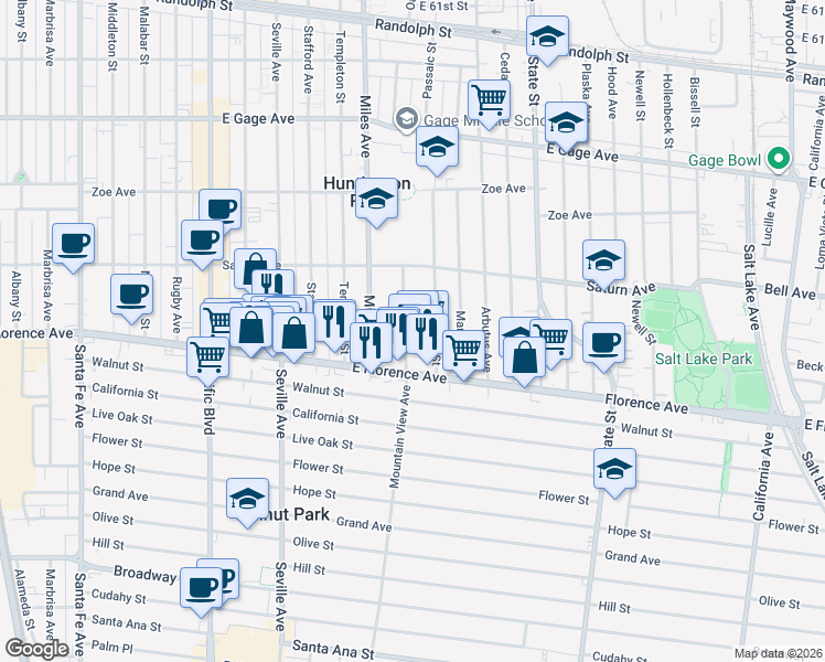 map of restaurants, bars, coffee shops, grocery stores, and more near 7025 Mountain View Avenue in Huntington Park