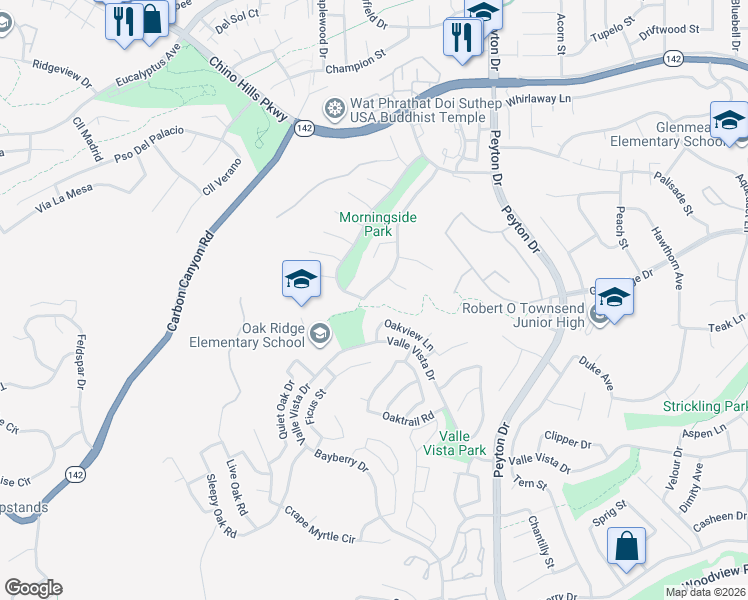map of restaurants, bars, coffee shops, grocery stores, and more near 15409 Green Valley Drive in Chino Hills